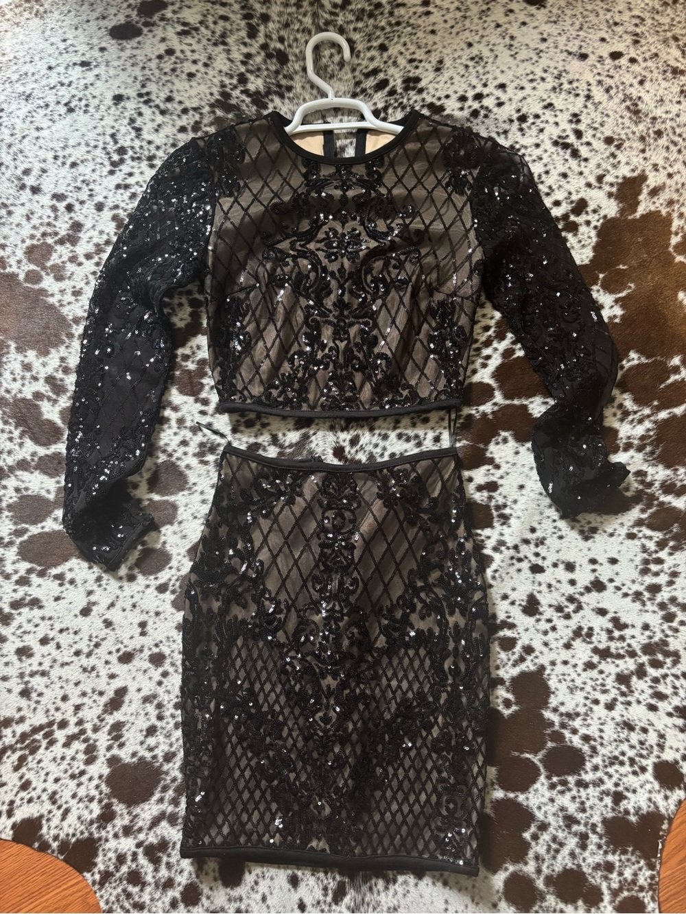 Embellished Black Mini Dress Set - Two-Piece Sequin Crop Top & Skirt